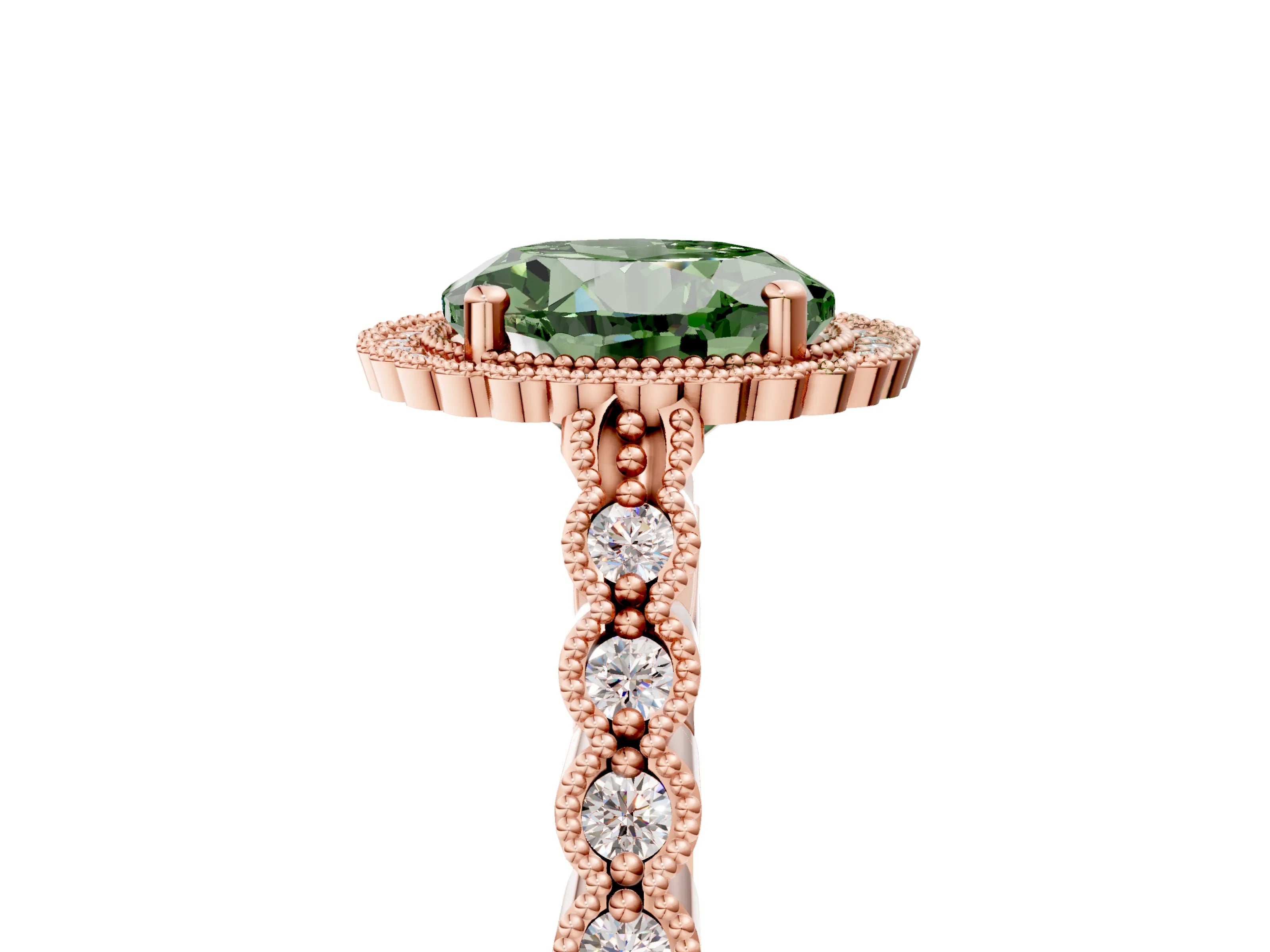 Rose gold Fancy Green Round Cut Cut Halo Pavé Solitaire Ring with Milgrain Band_5