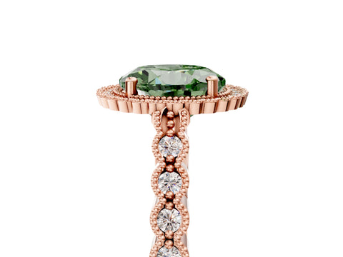 Rose gold Fancy Green Round Cut Cut Halo Pavé Solitaire Ring with Milgrain Band_5