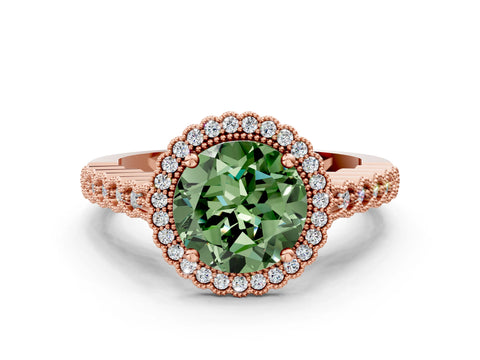 Rose gold Fancy Green Round Cut Cut Halo Pavé Solitaire Ring with Milgrain Band