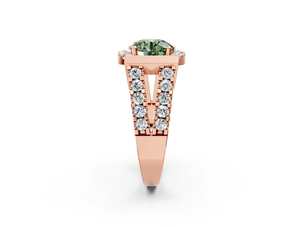 Rose Gold Round Halo Engagement Ring Setting for Fancy Green Center with Bar Shoulders