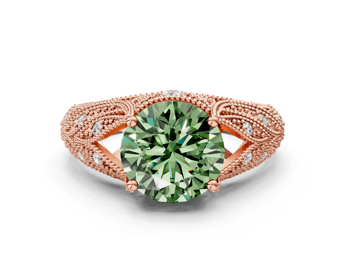 Rose gold Fancy Green Round Cut Cut Milgrain Pave Diamond Engagement Ring with Four-Prong Setting_3