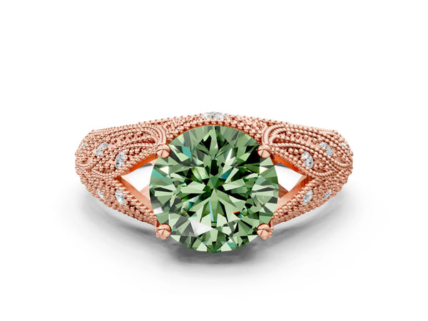Rose gold Fancy Green Round Cut Cut Milgrain Pave Diamond Engagement Ring with Four-Prong Setting