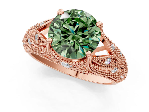 Rose gold Fancy Green Round Cut Cut Milgrain Pave Diamond Engagement Ring with Four-Prong Setting
