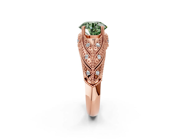 Rose gold Fancy Green Round Cut Cut Milgrain Pave Diamond Engagement Ring with Four-Prong Setting
