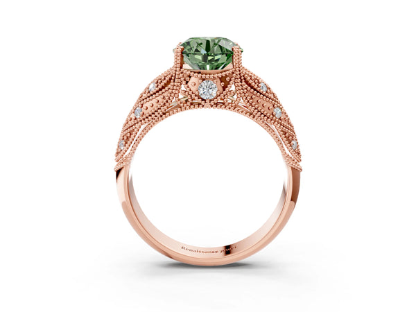 Rose gold Fancy Green Round Cut Cut Milgrain Pave Diamond Engagement Ring with Four-Prong Setting