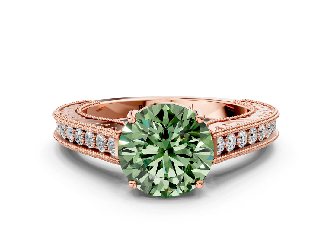 Rose gold Fancy Green Round Cut Cut Pave Band Milgrain Solitaire Ring