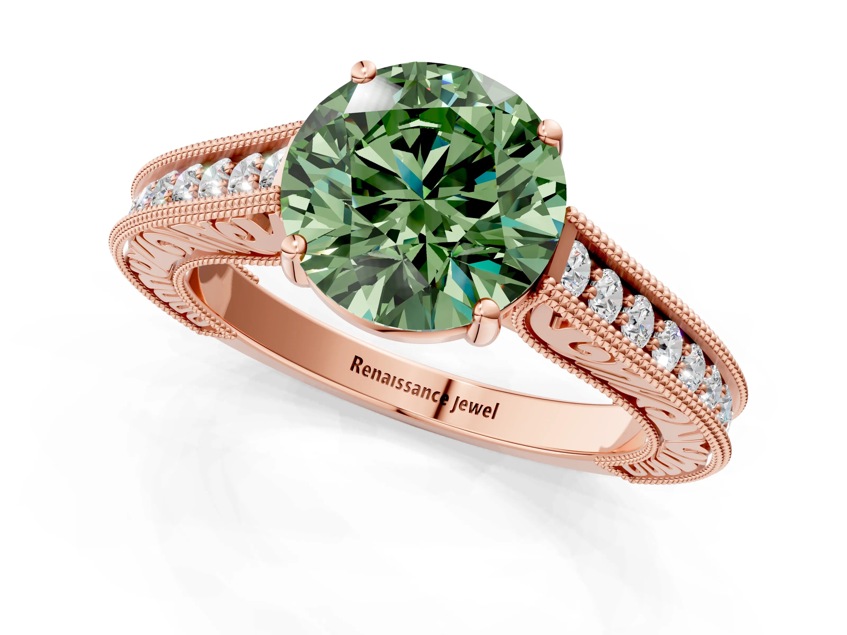 Rose gold Fancy Green Round Cut Cut Pave Band Milgrain Solitaire Ring_1