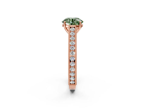 Rose gold Fancy Green Round Cut Cut Pave Band Milgrain Solitaire Ring_2