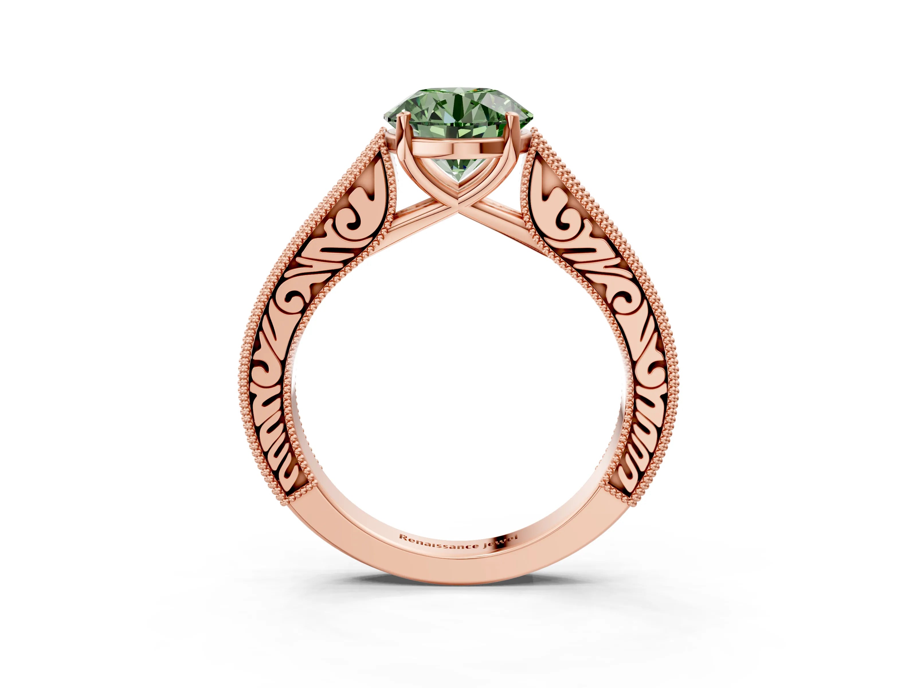 Rose gold Fancy Green Round Cut Cut Pave Band Milgrain Solitaire Ring_3