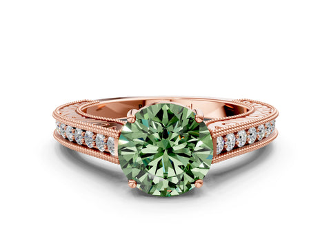 Rose gold Fancy Green Round Cut Cut Pave Band Milgrain Solitaire Ring