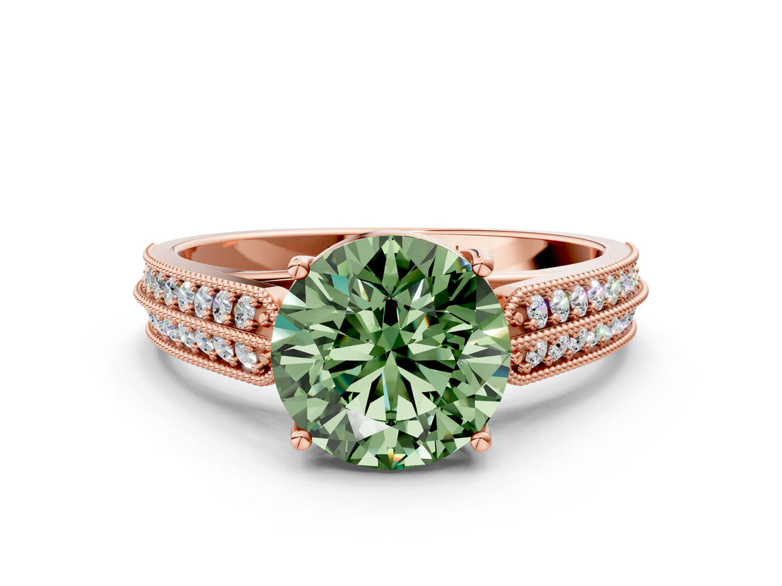 Rose gold Fancy Green Round Cut Cut Pave Split Shank Engagement Ring with Four-Prong Setting