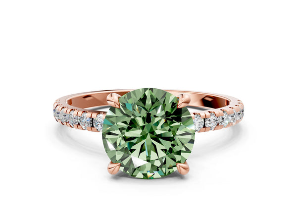 Rose gold Fancy Green Round Cut Diamond Brilliant Solitaire Ring with Pavé Band and Four-Prong Setting