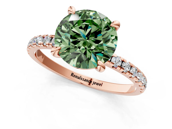 Rose gold Fancy Green Round Cut Diamond Brilliant Solitaire Ring with Pavé Band and Four-Prong Setting