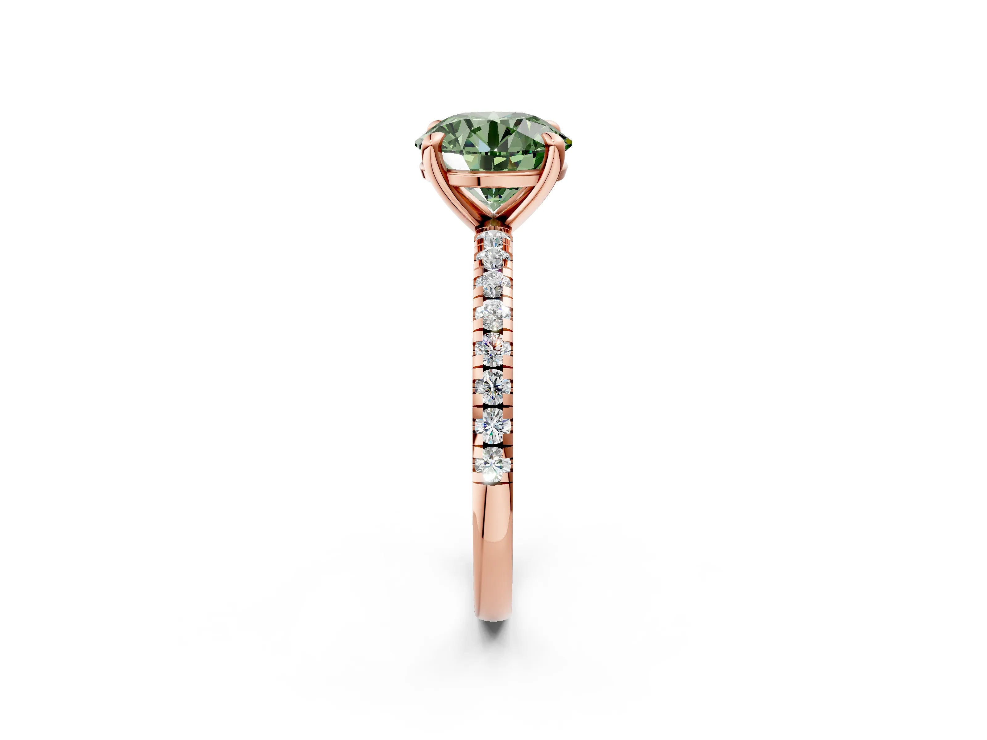Rose gold Fancy Green Round Cut Diamond Brilliant Solitaire Ring with Pavé Band and Four-Prong Setting_2
