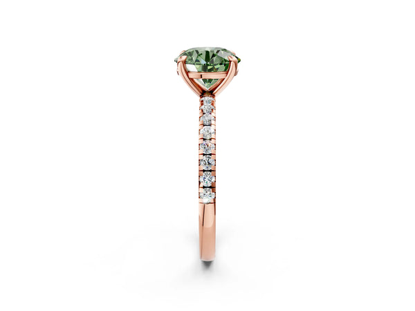 Rose gold Fancy Green Round Cut Diamond Brilliant Solitaire Ring with Pavé Band and Four-Prong Setting