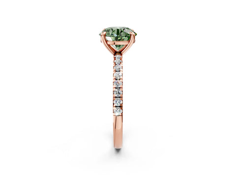 Rose gold Fancy Green Round Cut Diamond Brilliant Solitaire Ring with Pavé Band and Four-Prong Setting_2