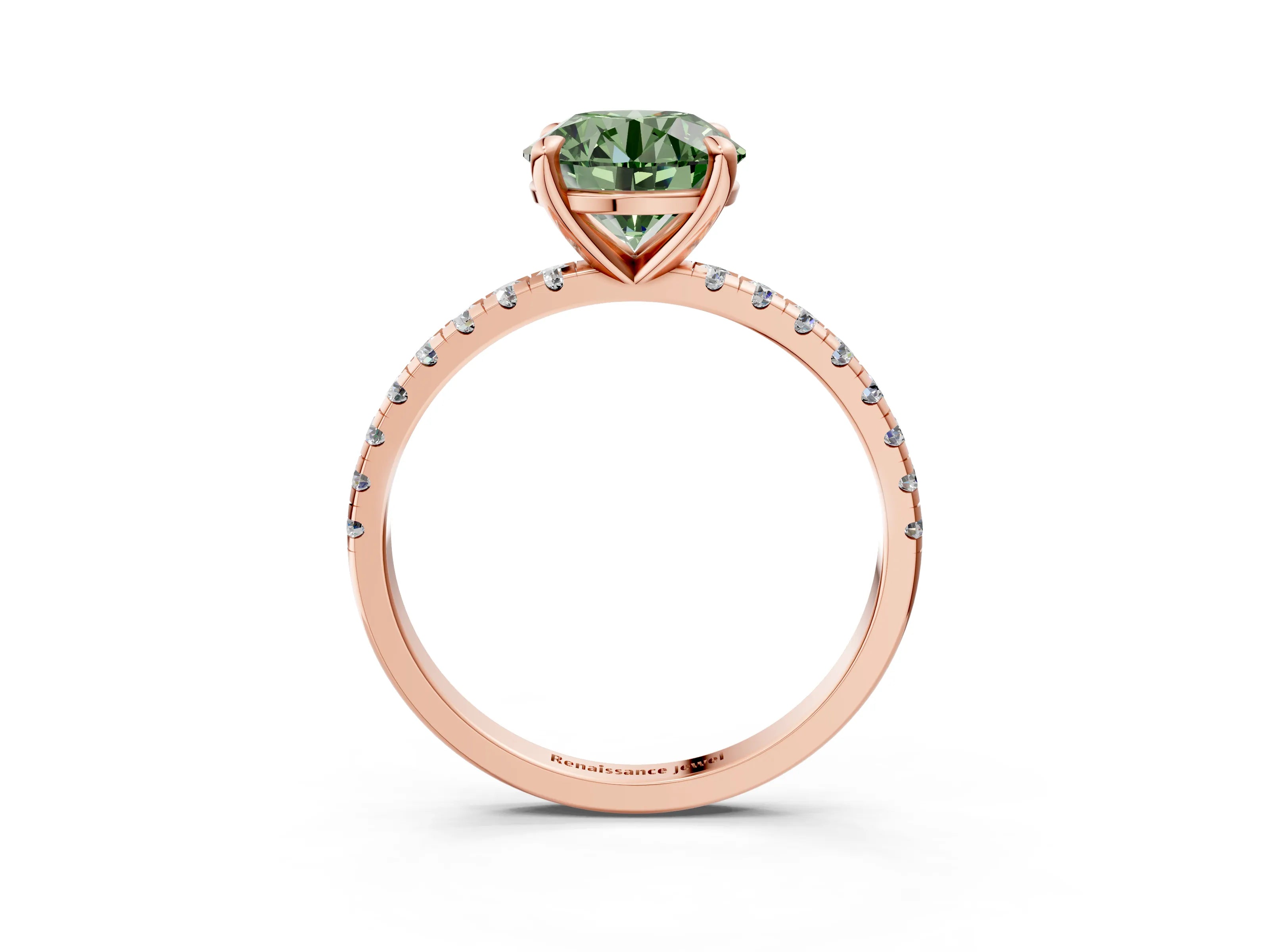 Rose gold Fancy Green Round Cut Diamond Brilliant Solitaire Ring with Pavé Band and Four-Prong Setting_3