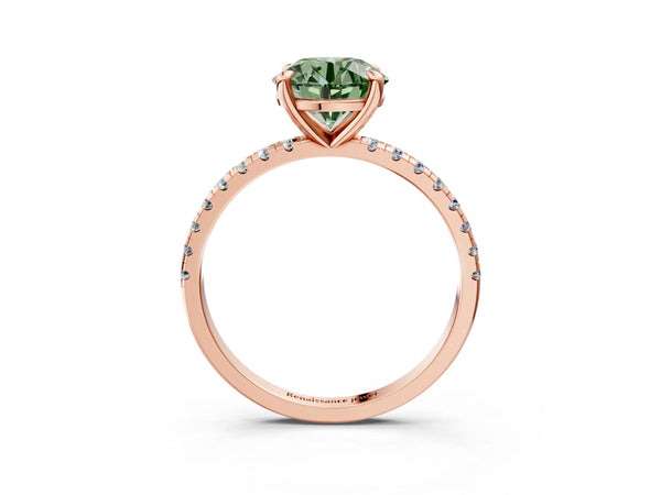Rose gold Fancy Green Round Cut Diamond Brilliant Solitaire Ring with Pavé Band and Four-Prong Setting