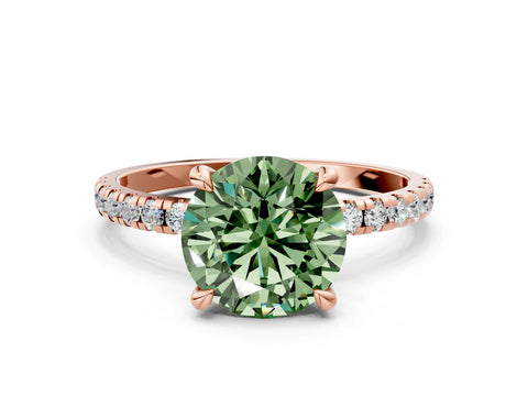 Rose gold Fancy Green Round Cut Diamond Brilliant Solitaire Ring with Pavé Band and Four-Prong Setting