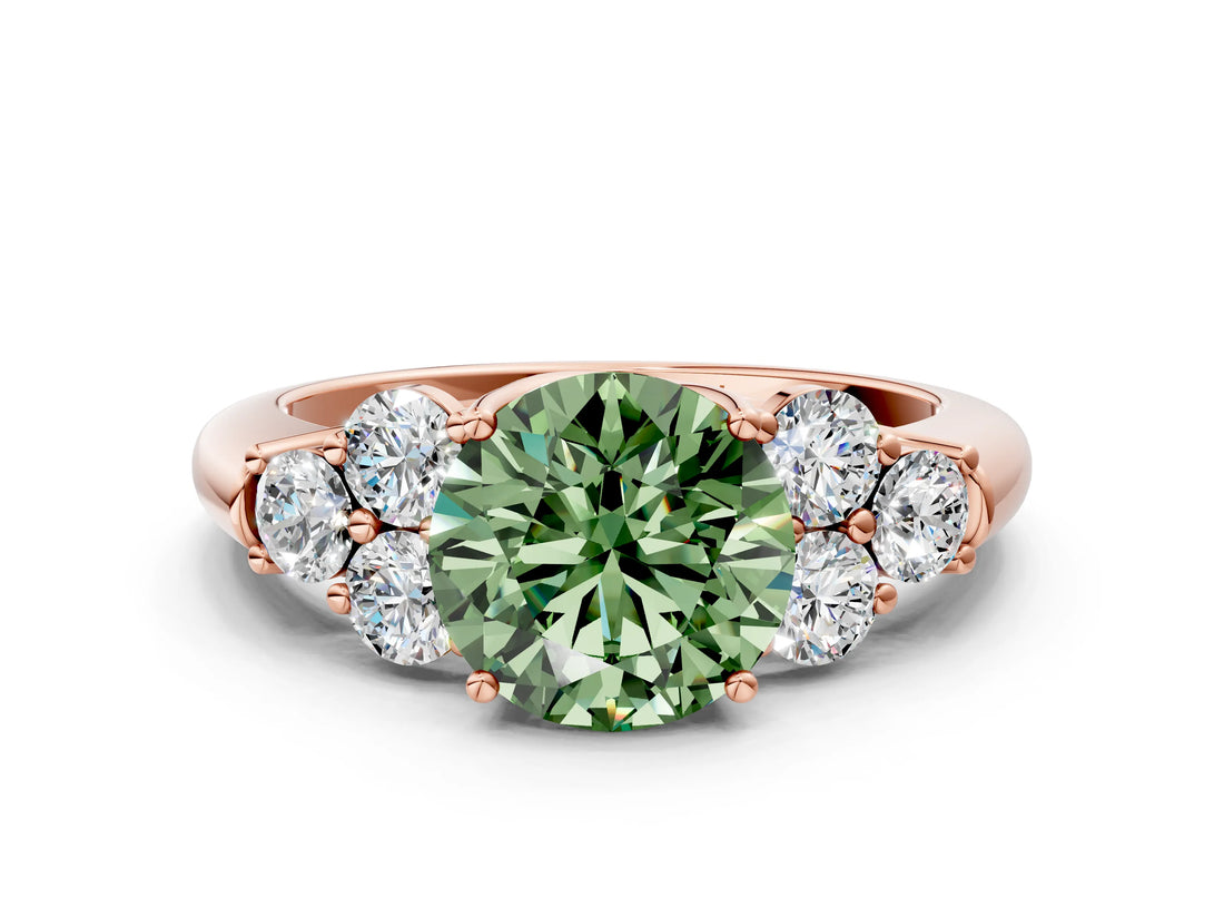 Rose gold Fancy Green Round  Cut Diamond Cluster Ring with Round Accent Stones and Prong Setting on a Classic Band_52