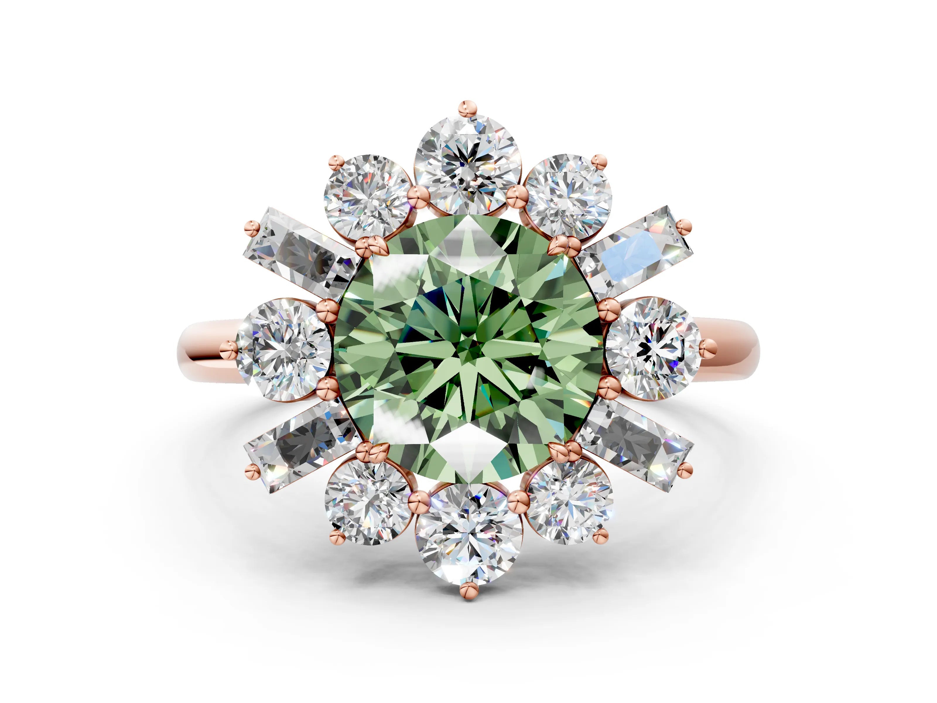 Rose gold Fancy Green Round Cut Diamond Cluster Ring with Round and Baguette Stones, Split Shank Band, Prong Setting
