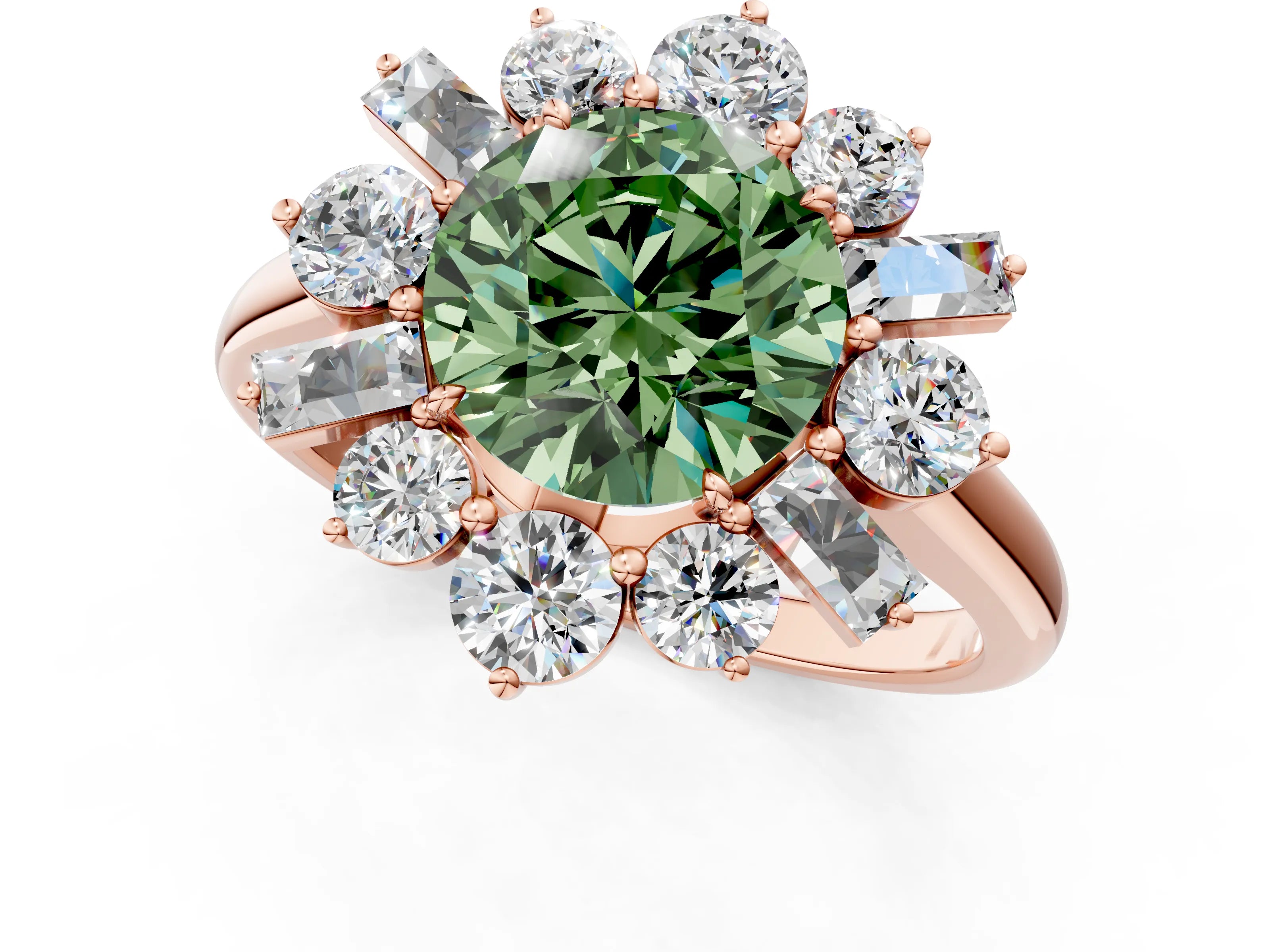 Rose gold Fancy Green Round Cut Diamond Cluster Ring with Round and Baguette Stones, Split Shank Band, Prong Setting_1
