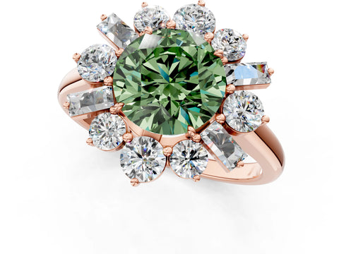 Rose gold Fancy Green Round Cut Diamond Cluster Ring with Round and Baguette Stones, Split Shank Band, Prong Setting_1