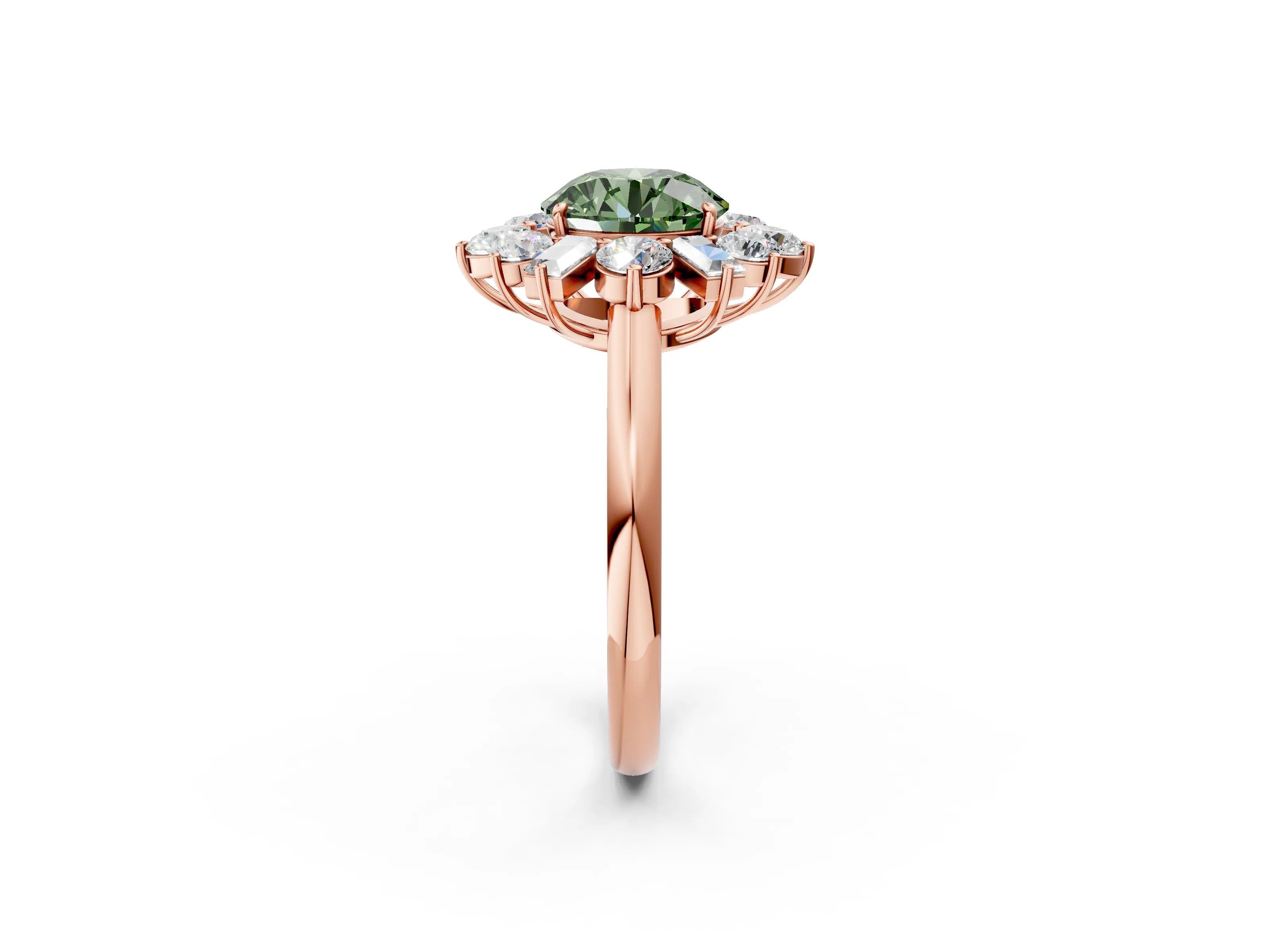Rose gold Fancy Green Round Cut Diamond Cluster Ring with Round and Baguette Stones, Split Shank Band, Prong Setting_2