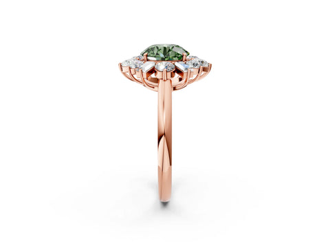 Rose gold Fancy Green Round Cut Diamond Cluster Ring with Round and Baguette Stones, Split Shank Band, Prong Setting_2