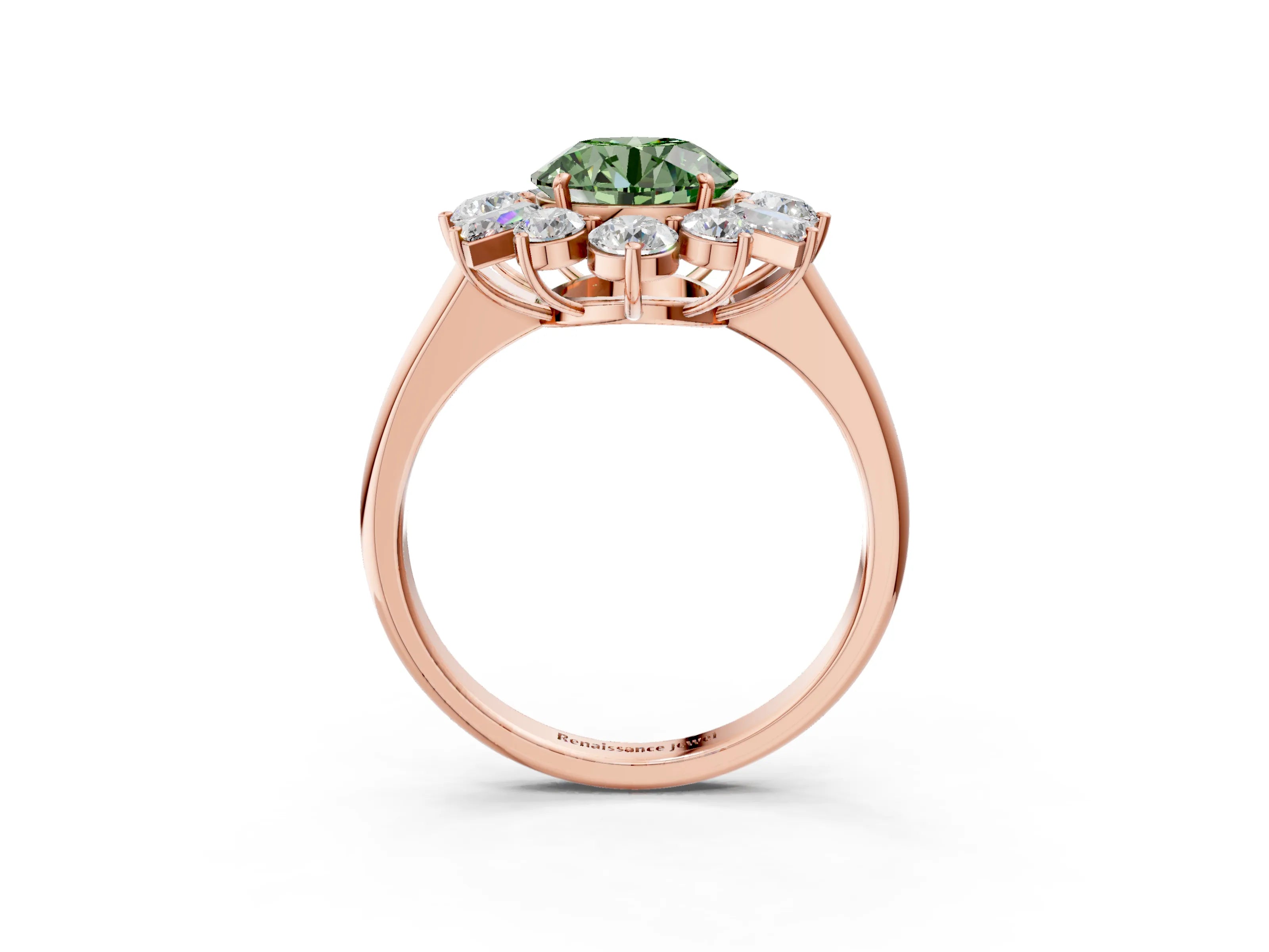 Rose gold Fancy Green Round Cut Diamond Cluster Ring with Round and Baguette Stones, Split Shank Band, Prong Setting_3