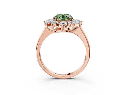 Rose gold Fancy Green Round Cut Diamond Cluster Ring with Round and Baguette Stones, Split Shank Band, Prong Setting_3