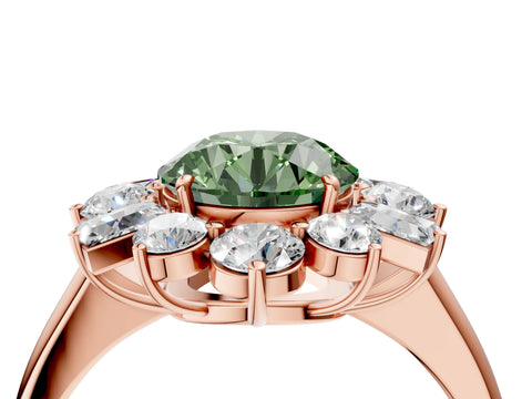 Rose gold Fancy Green Round Cut Diamond Cluster Ring with Round and Baguette Stones, Split Shank Band, Prong Setting_4