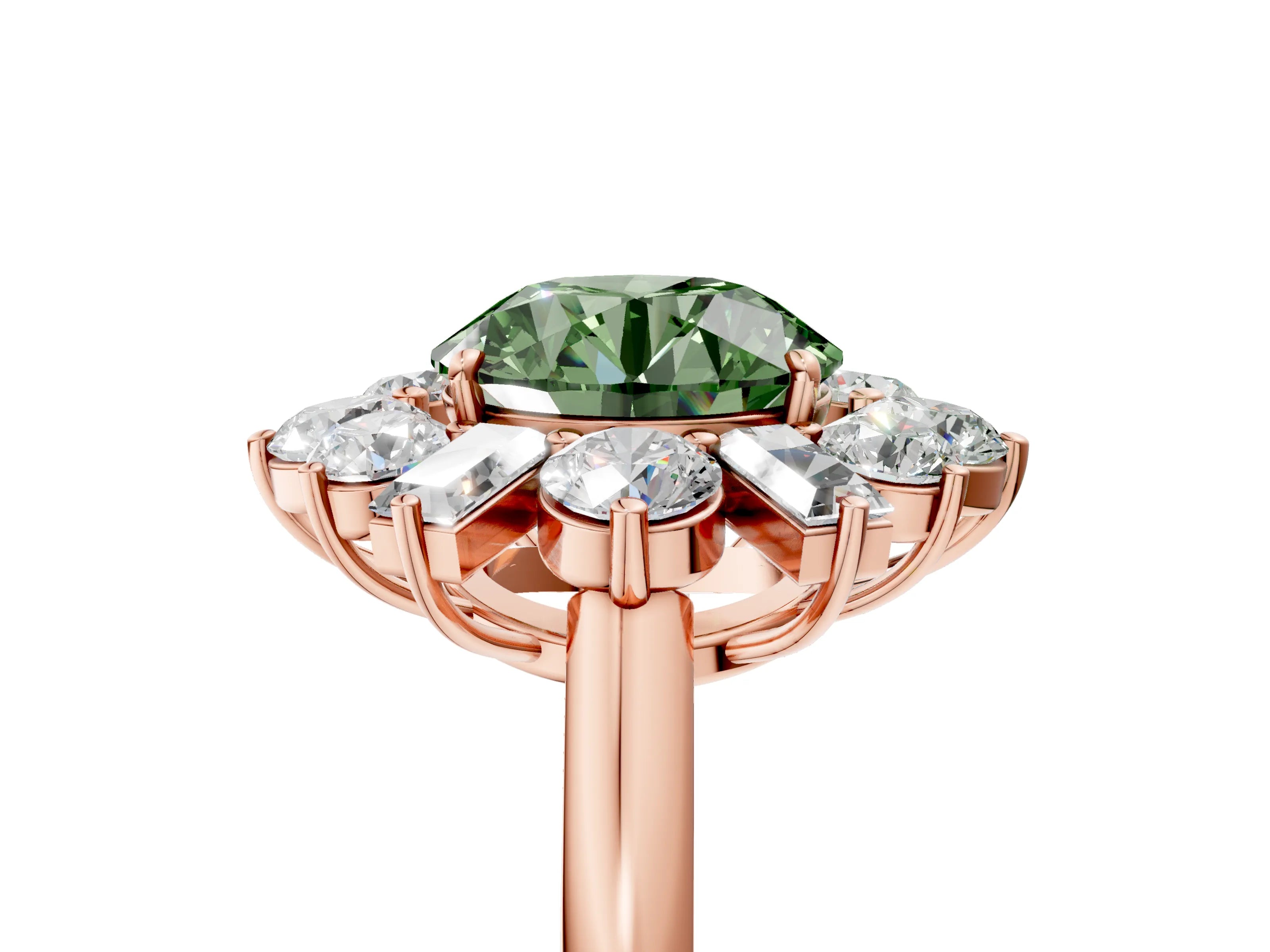 Rose gold Fancy Green Round Cut Diamond Cluster Ring with Round and Baguette Stones, Split Shank Band, Prong Setting_5