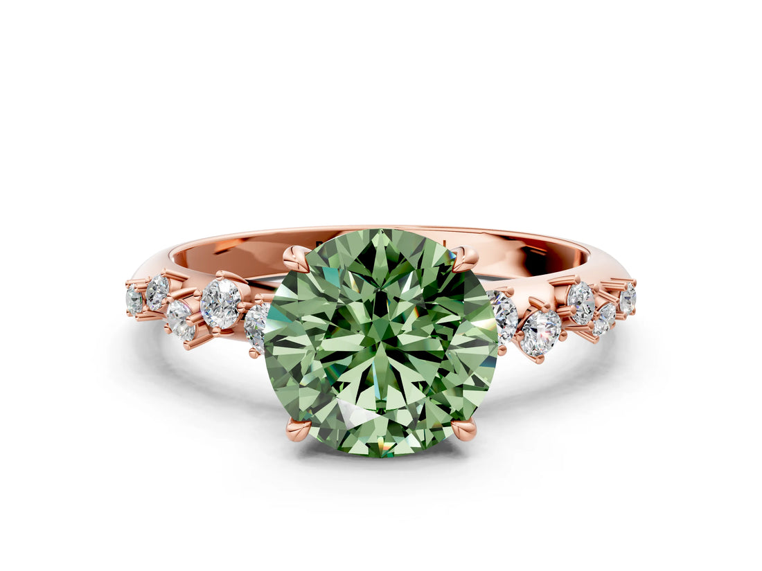 Rose gold Fancy Green Round Cut Diamond Cluster Side Stone Solitaire Ring with Prong Setting_70