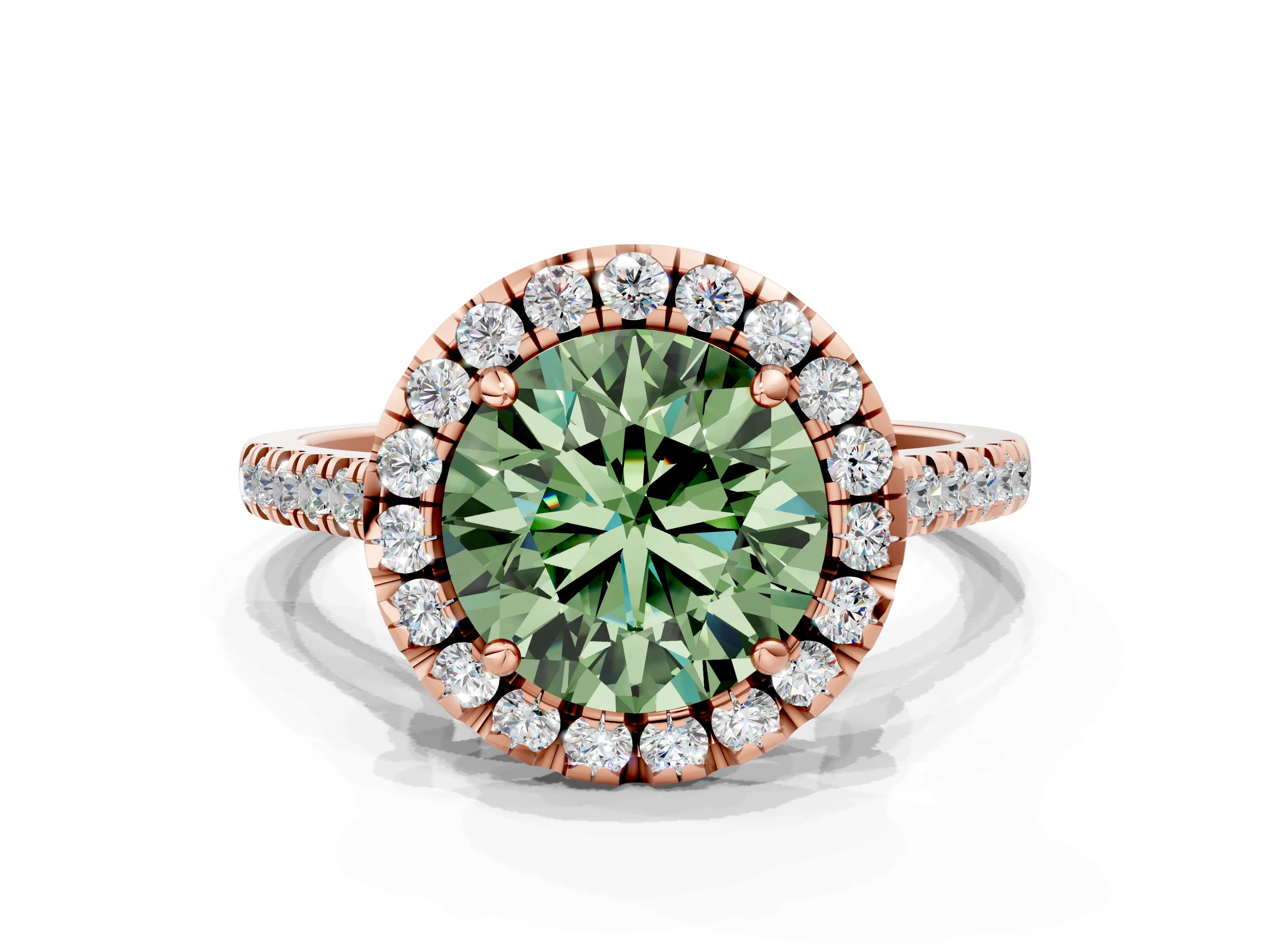 Rose gold Fancy Green Round Cut Diamond Cushion Halo Ring with Pavé Band