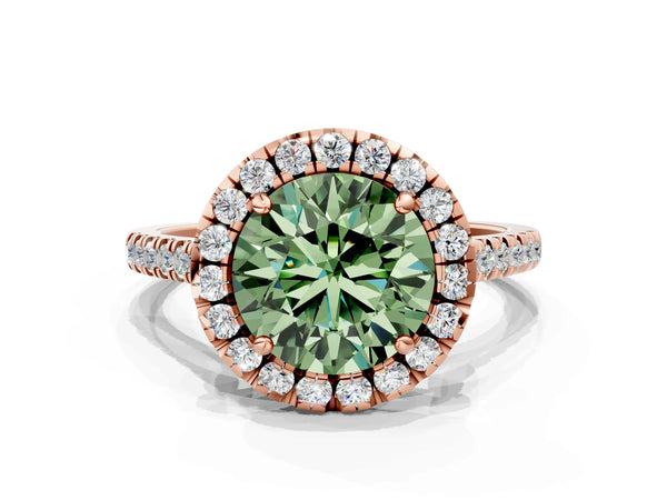 Rose Gold Round Contoured Halo Pave Engagement Ring Setting for Fancy Green Center