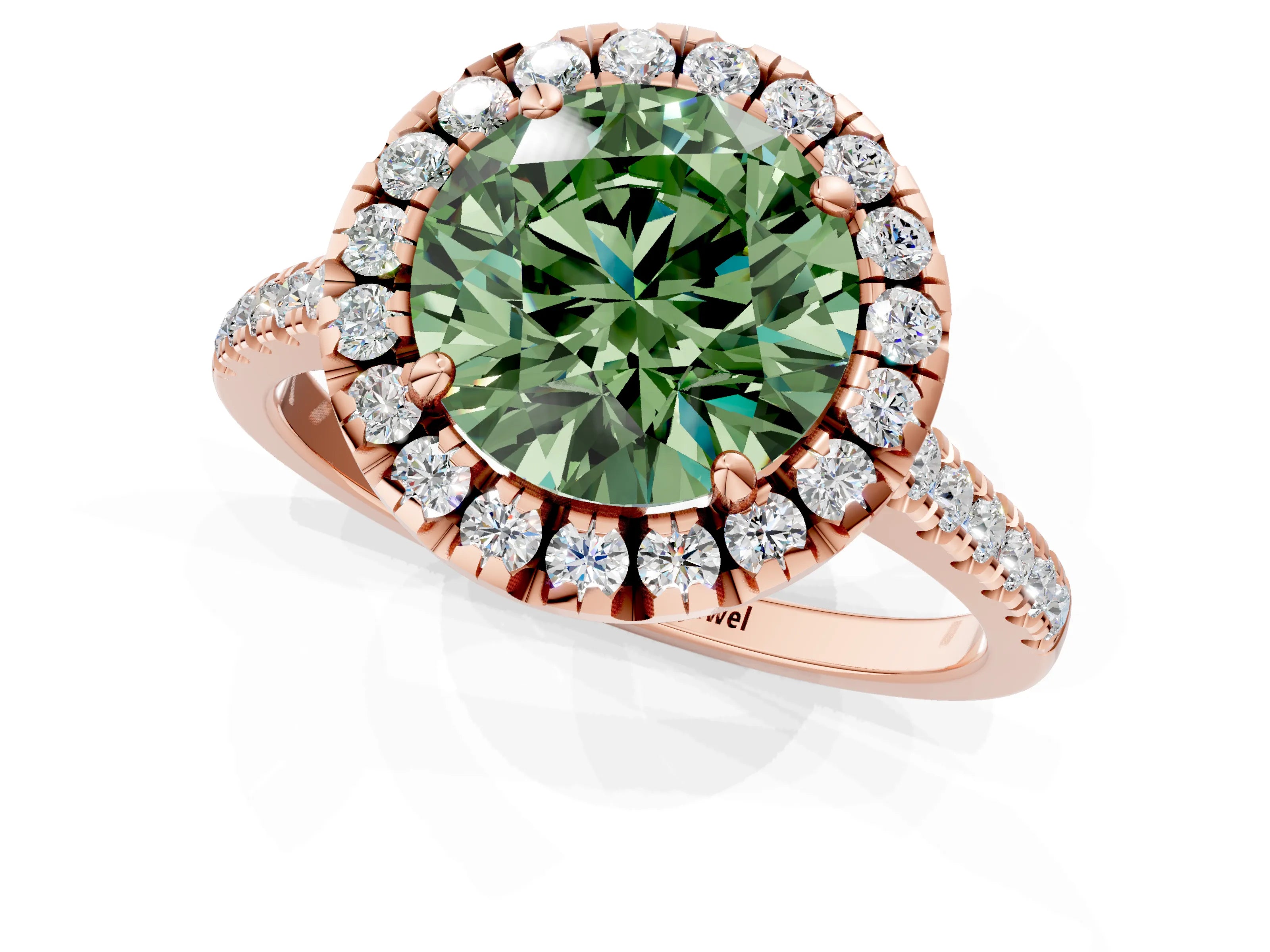 Rose gold Fancy Green Round Cut Diamond Cushion Halo Ring with Pavé Band_1