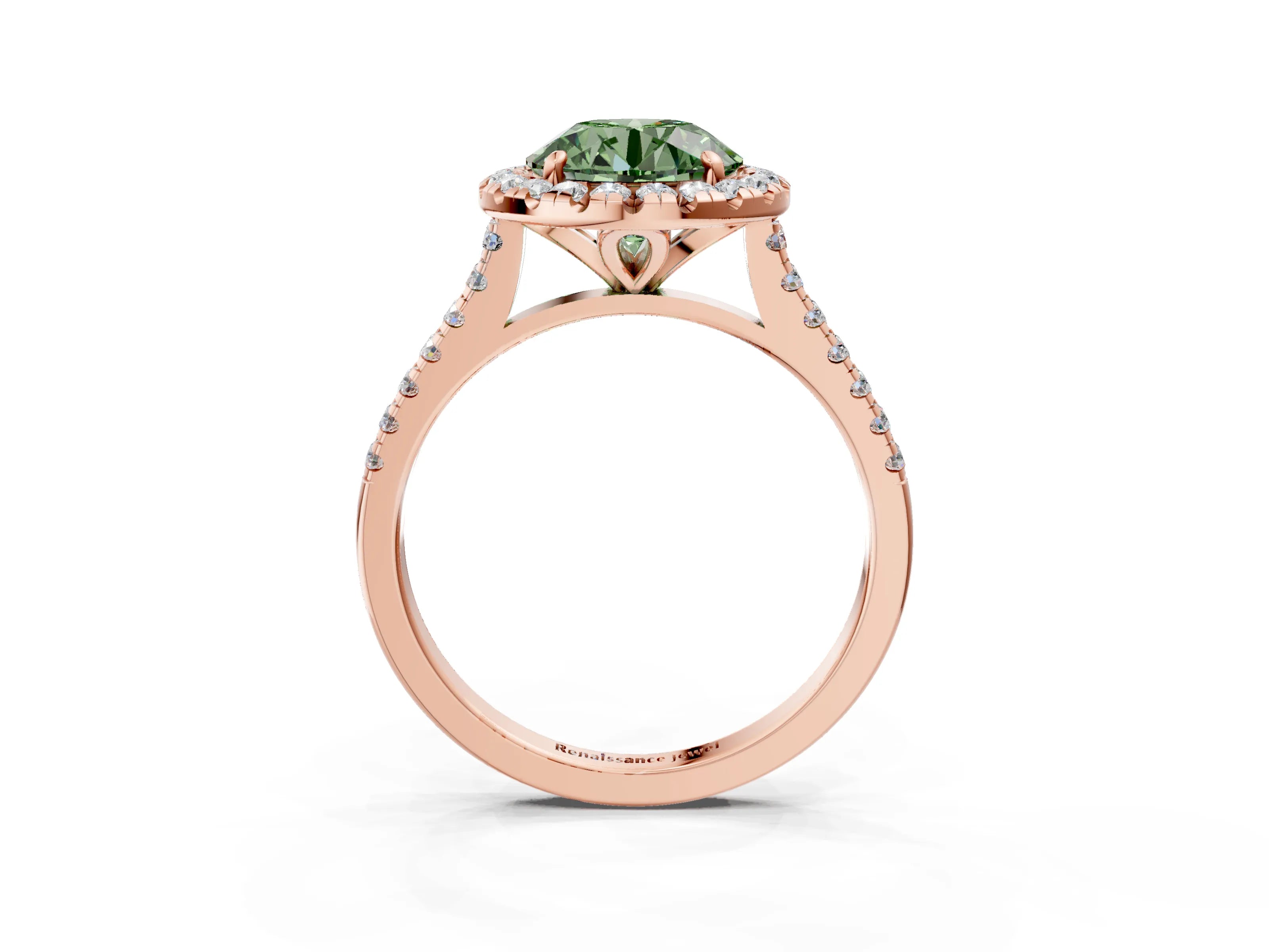 Rose gold Fancy Green Round Cut Diamond Cushion Halo Ring with Pavé Band_3