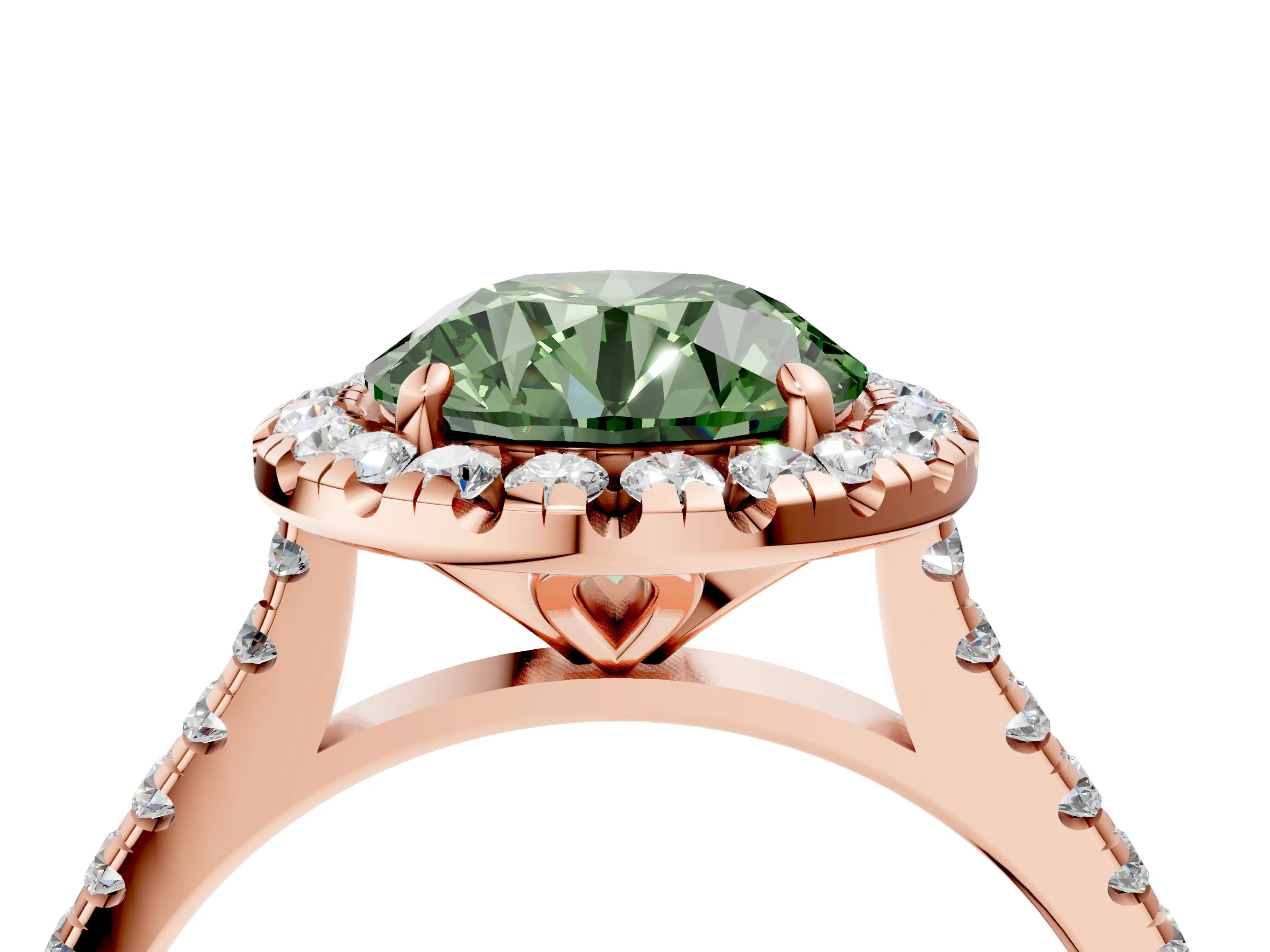 Rose gold Fancy Green Round Cut Diamond Cushion Halo Ring with Pavé Band_4