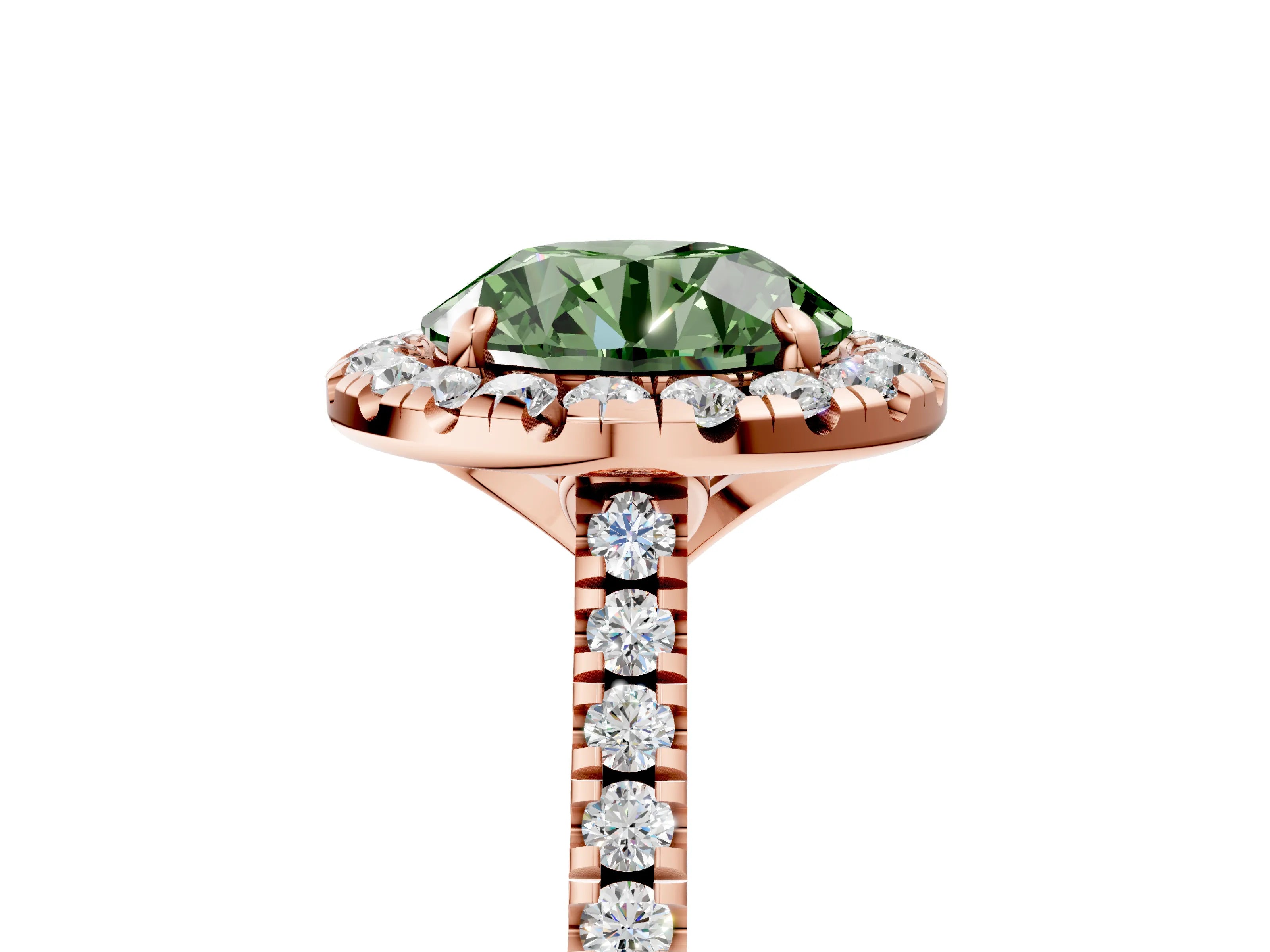 Rose gold Fancy Green Round Cut Diamond Cushion Halo Ring with Pavé Band_5