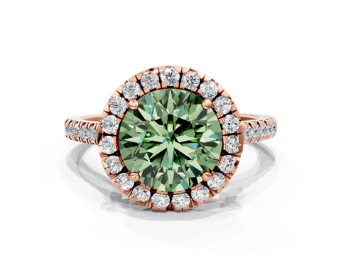 Rose gold Fancy Green Round Cut Diamond Cushion Halo Ring with Pavé Band