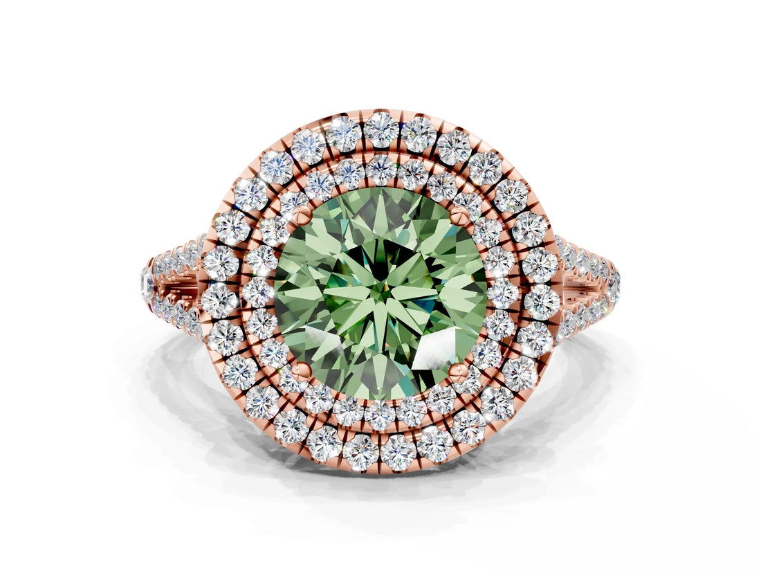 Rose gold Fancy Green Round Cut Diamond Double Halo Ring with Pavé Band and Prong Setting_55