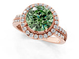 Rose gold Fancy Green Round Cut Diamond Double Halo Ring with Split Shank and Four-Prong Setting_1