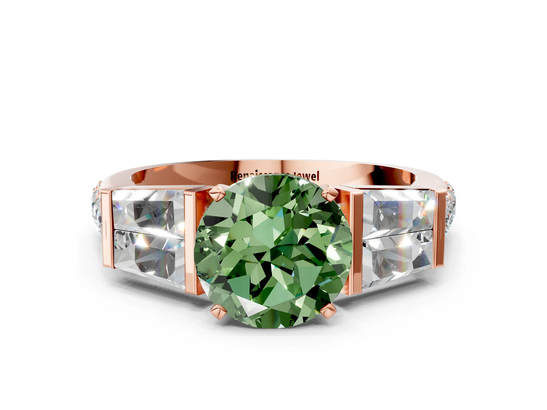 Rose gold Fancy Green Round Cut Diamond Engagement Ring with Baguette Side Stones and Channel Set Band_20