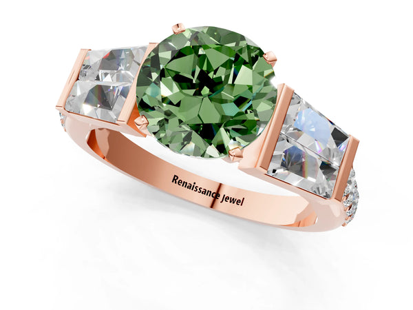Rose gold Fancy Green Round Cut Diamond Engagement Ring with Baguette Side Stones and Channel Set Band