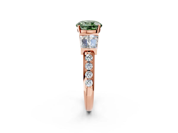 Rose gold Fancy Green Round Cut Diamond Engagement Ring with Baguette Side Stones and Channel Set Band