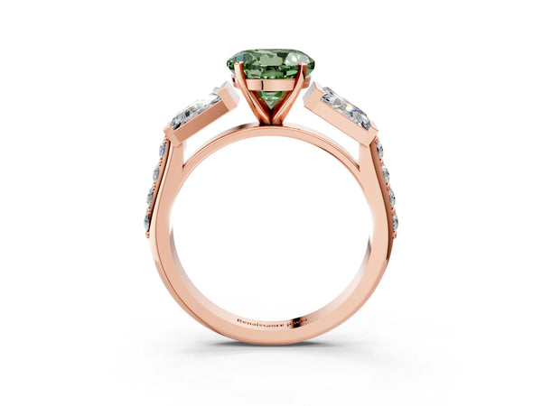 Rose gold Fancy Green Round Cut Diamond Engagement Ring with Baguette Side Stones and Channel Set Band