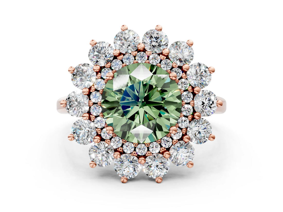 Rose gold Fancy Green Round Cut Diamond Floral Double Halo Engagement Ring with Prong Setting_24
