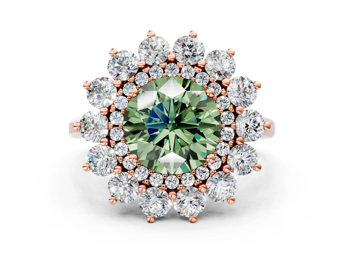 Rose gold Fancy Green Round Cut Diamond Floral Double Halo Engagement Ring with Prong Setting_60