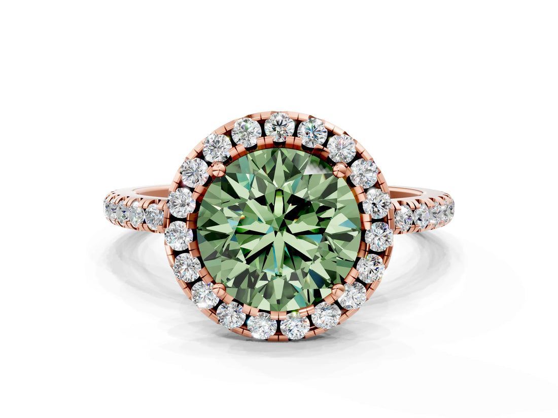 Rose gold Fancy Green Round  Cut Diamond Floral Halo Engagement Ring with Pavé Band and Prong Setting_37
